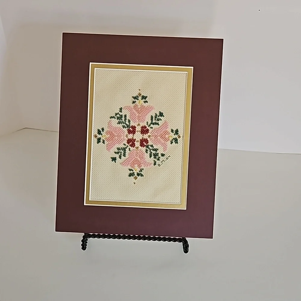 Hand Crafted Glass Beaded Art Floral Needlepoint Beadwork Pink Flower Framed